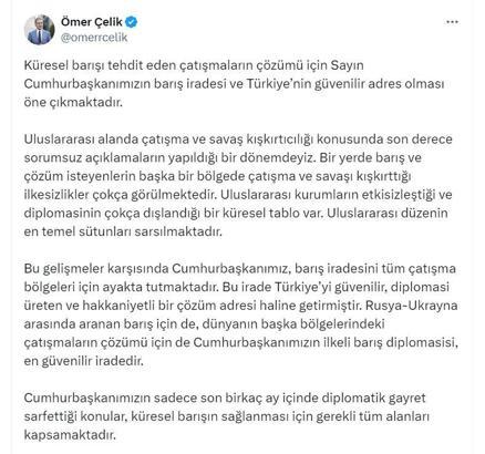 AK Parti Sözcüsü Çelik: Cumhurbaşkanımızın ilkeli barış diplomasisi, en güvenilir iradedir