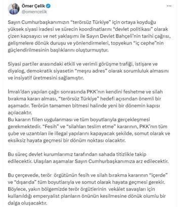 AK Parti Sözcüsü Çelik: Silah bırakma kararı 'Terörsüz Türkiye' hedefi için önemli bir aşamadır