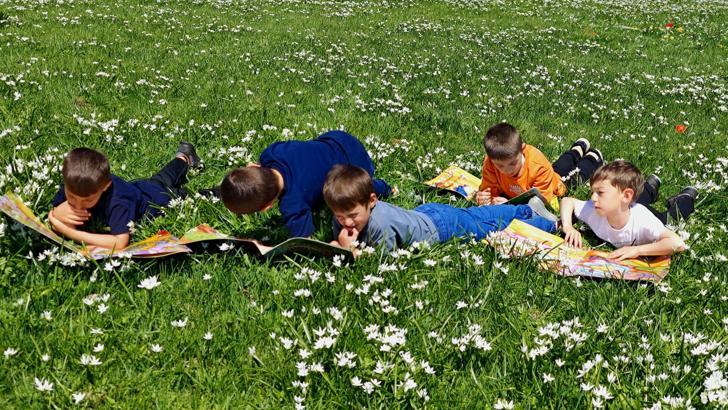 İlkokul öğrencileri yaylada rengarenk çiçekler arasında kitap okudu