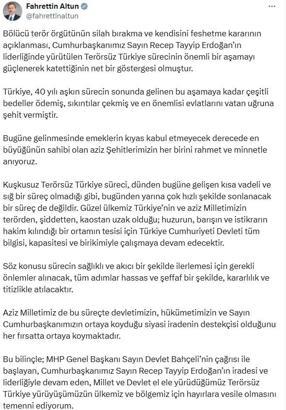 İletişim Başkanı Altun: Silah bırakma kararı, sürecin önemli bir aşamayı katettiğinin göstergesi