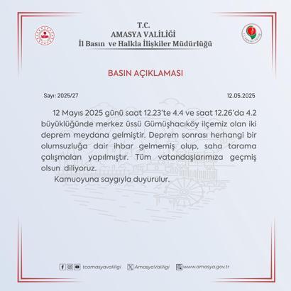 Amasya’da 3 dakika arayla 4.4 ve 4.2 büyüklüğünde 2 deprem (2)