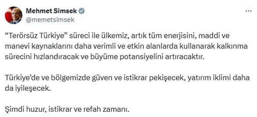 Bakan Şimşek: Şimdi huzur, istikrar ve refah zamanı