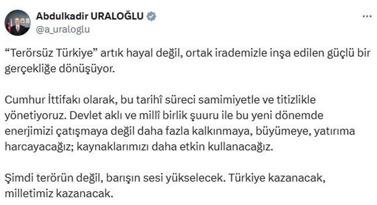 Bakan Uraloğlu: Şimdi terörün değil, barışın sesi yükselecek