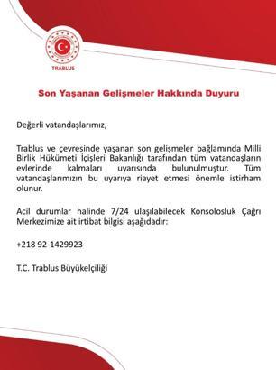 Türkiye'nin Trablus Büyükelçiliği’nden Türk vatandaşlarına uyarı