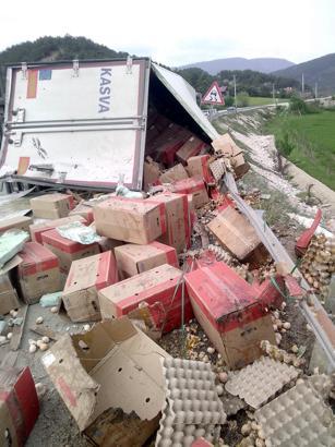 Devrilen TIR'daki yumurtalar yollara saçıldı