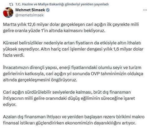 Bakan Şimşek: Cari açığı yıl sonunda OVP'nin altında bekliyoruz