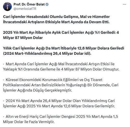 Bakan Bolat: Cari açığın GSYH'deki payı tarihsel ortalamanın altında kalmaya devam edecek