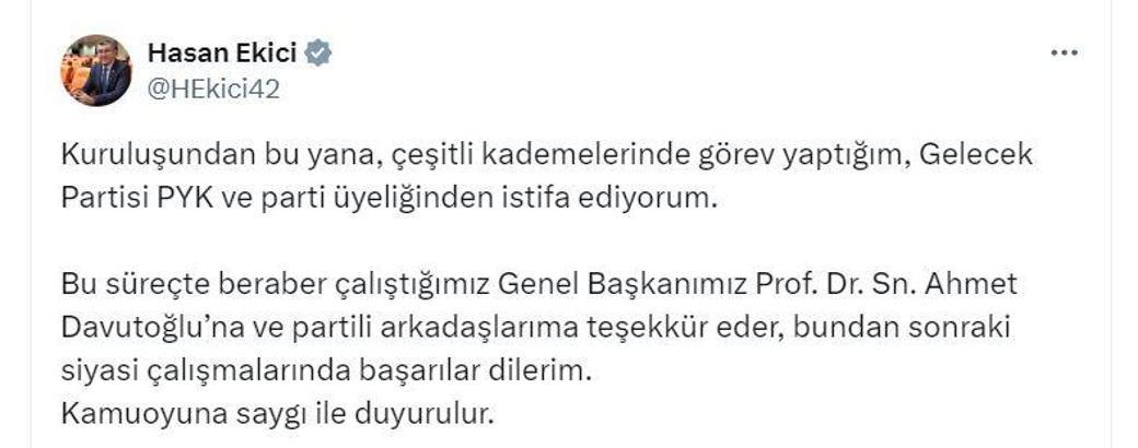 Konya Milletvekili Hasan Ekici, Gelecek Partisi'nden istifa etti