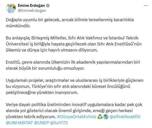 Emine Erdoğan'dan, Sıfır Atık Enstitüsünün kurulmasına ilişkin paylaşım