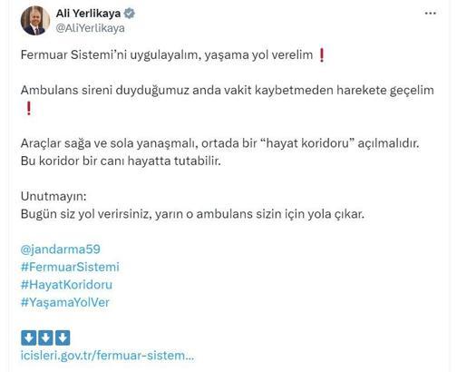 Bakan Yerlikaya: Fermuar sistemini uygulayalım, yaşama yol verelim