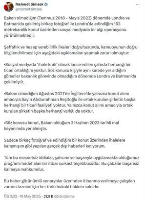 Bakan Şimşek: Hakkımdaki gerçek dışı haberleri kınıyorum