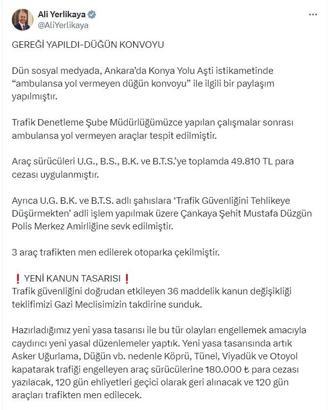 Bakan Yerlikaya: Yeni yasa tasarısında trafiği engelleyen sürücülere 180 bin TL ceza yazılacak