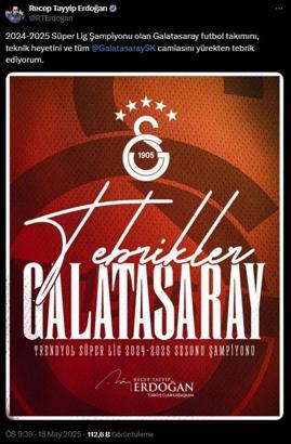 Cumhurbaşkanı Erdoğan'dan, Galatasaray'a şampiyonluk tebriği
