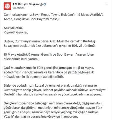 Cumhurbaşkanı Erdoğan'dan '19 Mayıs' mesajı