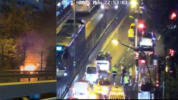 Mecidiyeköy'de otomobil alev alev yandı; D-100 karayolu trafiğe kapatıldı