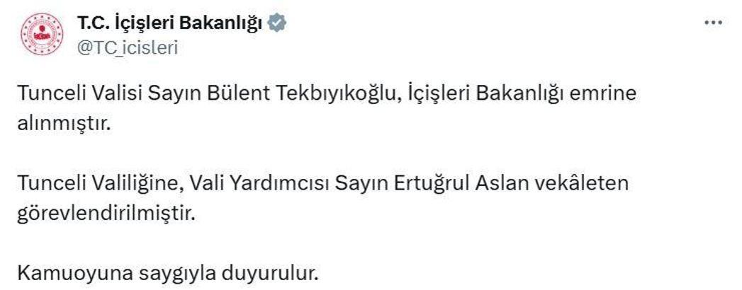 Tunceli Valisi Bülent Tekbıyıkoğlu, merkeze alındı