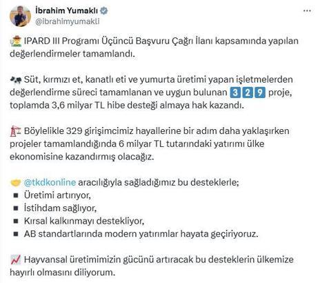 Bakan Yumaklı: 329 projeye 3,6 milyar TL hibe desteği sağlanacak