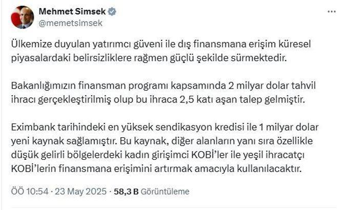 Bakan Şimşek: Eximbank tarihindeki en yüksek sendikasyon kredisini sağlandı