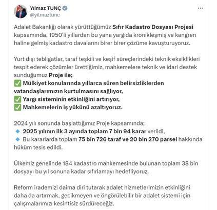 Bakan Tunç: Yıl sonuna kadar kadastro davalarını sıfırlamayı hedefliyoruz