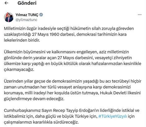Bakan Tunç'tan '27 Mayıs' mesaj