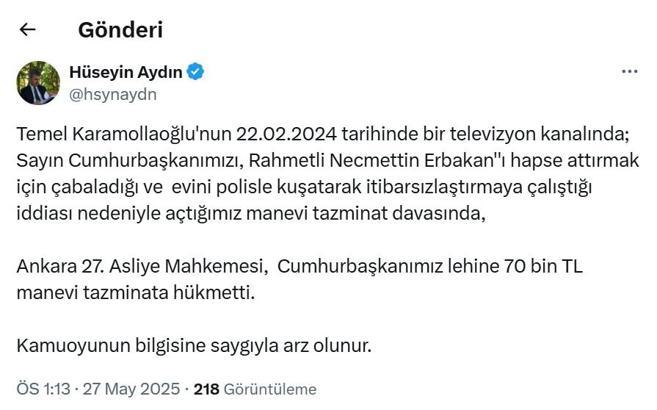 Karamollaoğlu, Cumhurbaşkanı Erdoğan'a tazminat ödeyecek