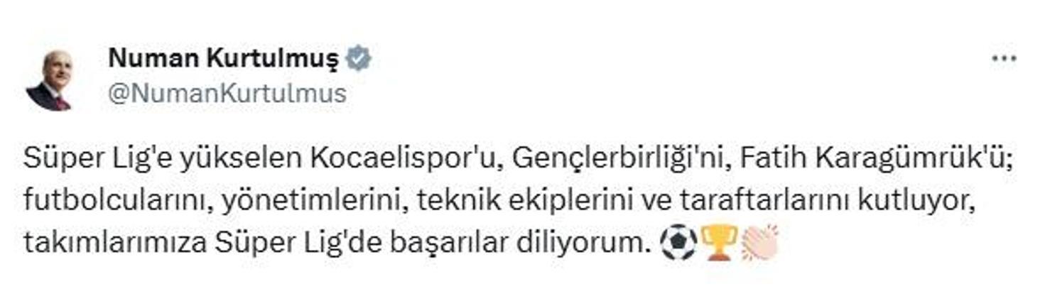 TBMM Başkanı Kurtulmuş, Süper Lig’e yükselen takımları kutladı
