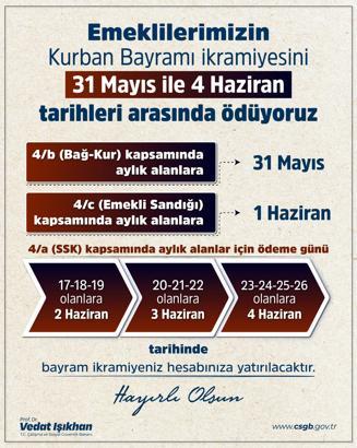 Emekli bayram ikramiyeleri 31 Mayıs-4 Haziran arasında yatırılacak