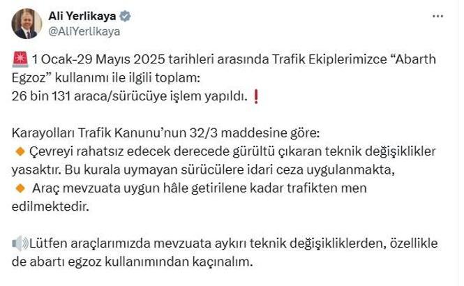 Yılın ilk 5 ayında 'abarth egzoz' kullanan 26 bin kişiye ceza