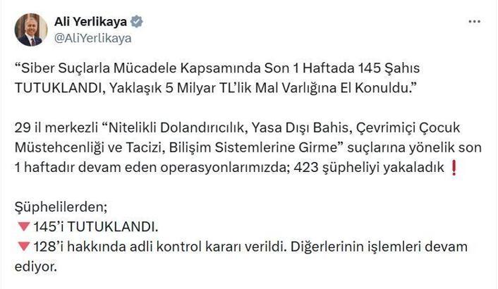 52 ilde siber suçlara yönelik operasyon; 145 tutuklama