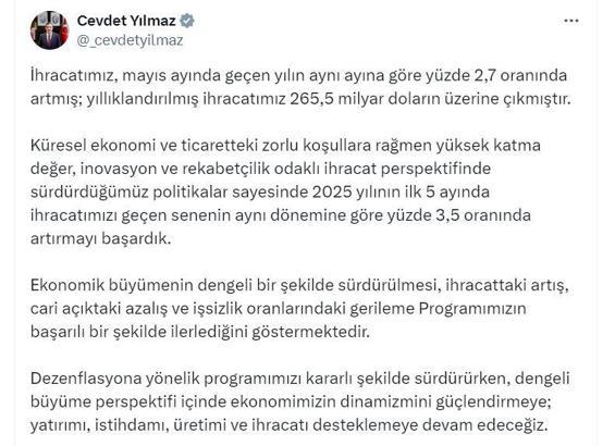 Cevdet Yılmaz: İhracatımızı yüzde 3,5 oranında artırmayı başardık