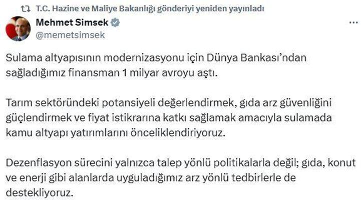 Bakan Şimşek: Sulama altyapısının modernizasyonu için sağladığımız finansman 1 milyar avroyu aştı