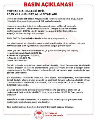 2025 yılı hububat alım fiyatları belli oldu