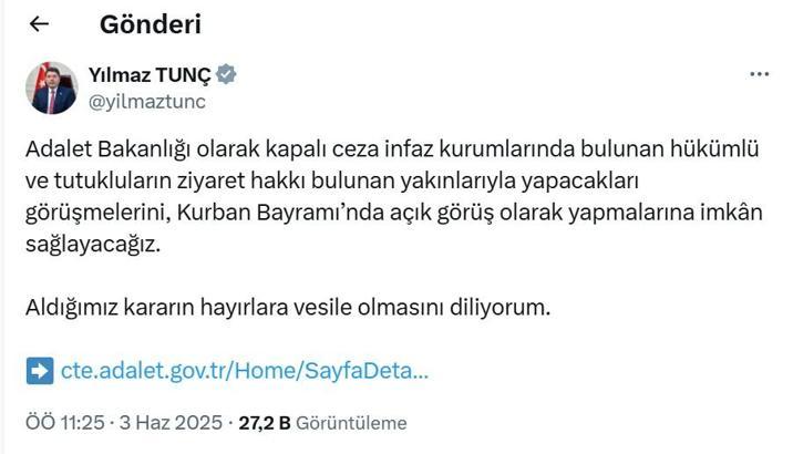 Kurban Bayramı'nda hükümlü ve tutuklulara 'açık görüş' imkanı