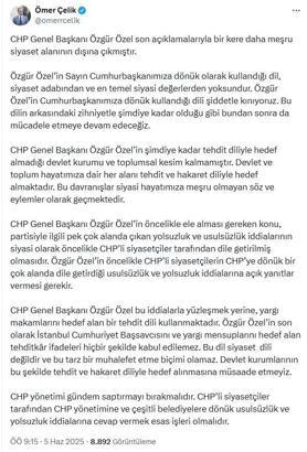 AK Parti'li Çelik: Özgür Özel'in Cumhurbaşkanımıza dönük kullandığı dili şiddetle kınıyoruz