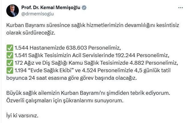Bakan Memişoğlu: Kurban Bayramı süresince sağlık hizmetlerimizin devamlılığını kesintisiz olarak sürdüreceğiz