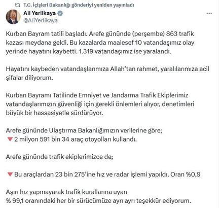 Arife günü meydana gelen trafik kazalarında 10 kişi hayatını kaybetti