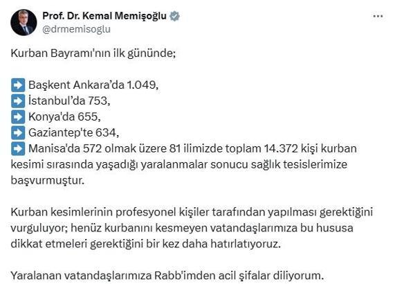 Bakan Memişoğlu: 81 ilde kurban kesimi sırasında 14 bin 372 kişi yaralandı