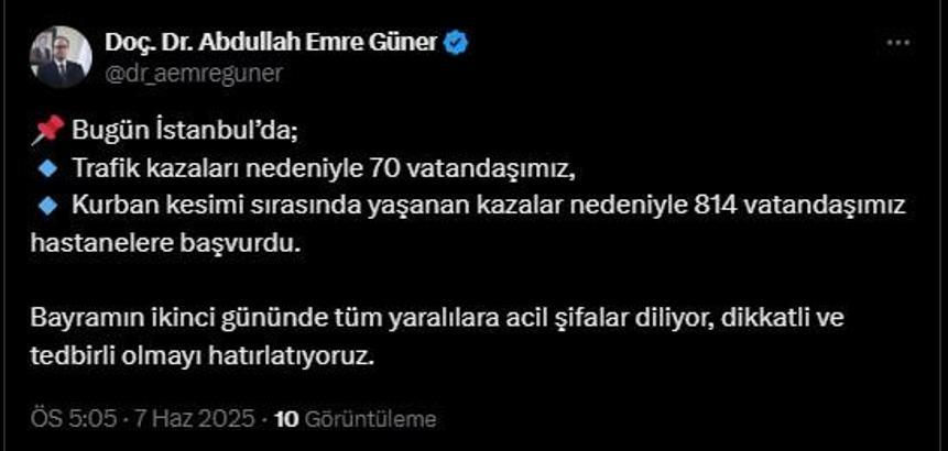 İstanbul - İstanbul İl Sağlık Müdürü Güner: Kurban kesimi sırasında yaşanan kazalar nedeniyle 814 vatandaşımız hastanelere başvurdu