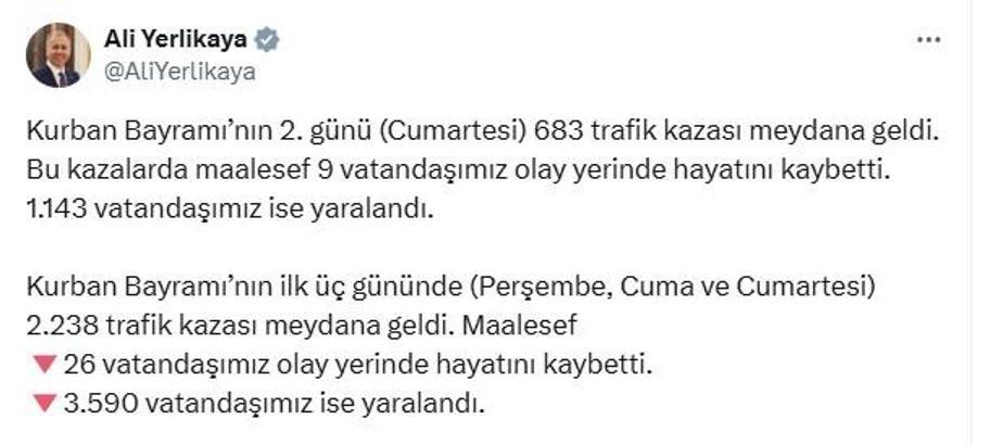 Bakan Yerlikaya: Bayram tatilinin ilk 3 gününde 26 vatandaşımız hayatını kaybetti