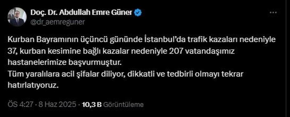 İstanbul - İstanbul İl Sağlık Müdürü Güner: Kurban kesimine bağlı kazalar nedeniyle 207 vatandaşımız hastanelerimize başvurmuştur.