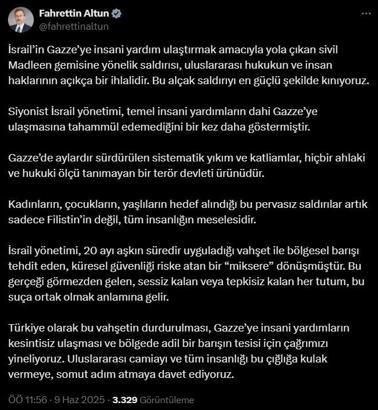 Fahrettin Altun: Madleen gemisine yapılan alçak saldırıyı en güçlü şekilde kınıyoruz