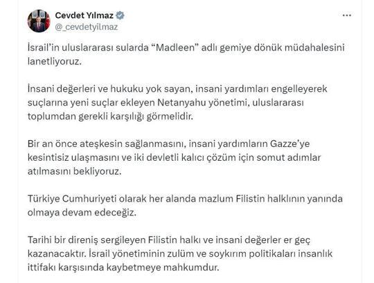 Cevdet Yılmaz: İsrail'in 'Madleen' adlı gemiye dönük müdahalesini lanetliyoruz