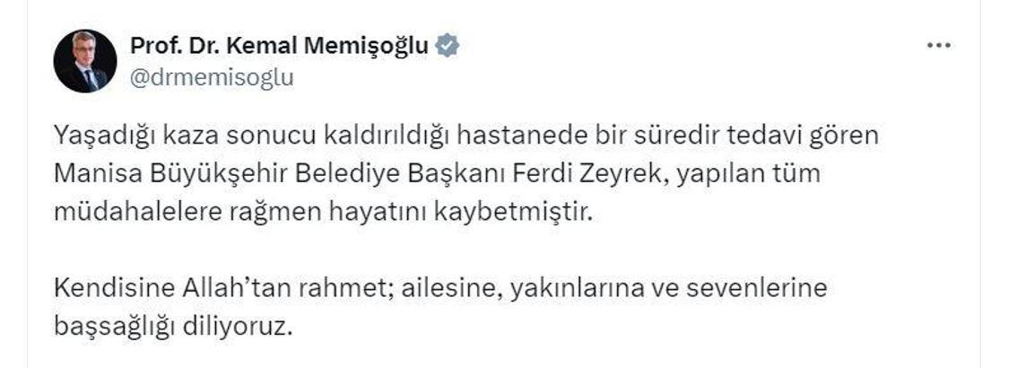 Manisa Büyükşehir Belediye Başkanı Zeyrek, hayatını kaybetti