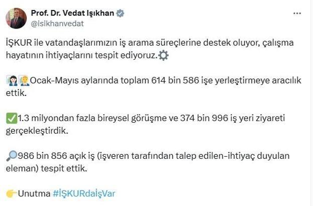 Bakan Işıkhan: Ocak-mayıs döneminde 614 bin 586 işe yerleştirmeye aracılık ettik