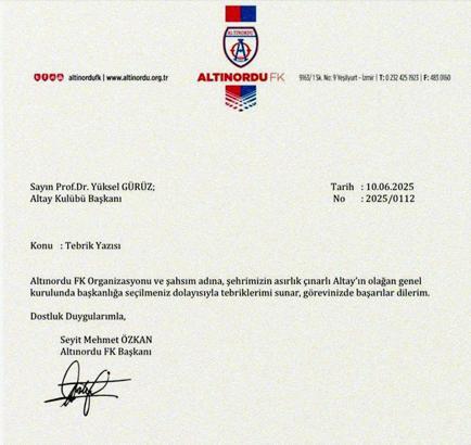 Altınordu Başkanı Özkan'dan Altay Başkanı Gürüz'e tebrik mesajı
