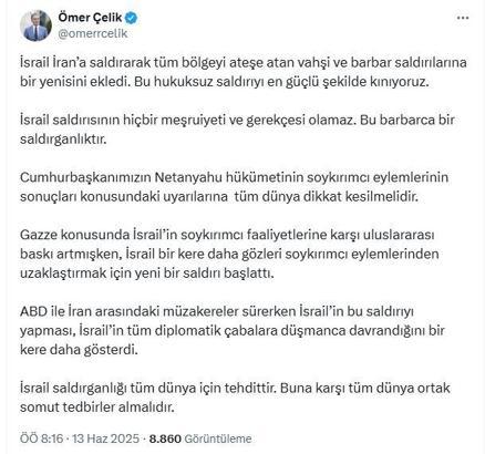 AK Parti'li Çelik: İsrail'in saldırısını en güçlü şekilde kınıyoruz