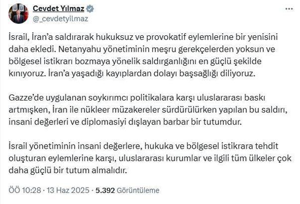 Cevdet Yılmaz: Netanyahu yönetiminin saldırganlığını kınıyoruz