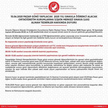 Hatay Valiliği sınav tedbirlerini duyurdu