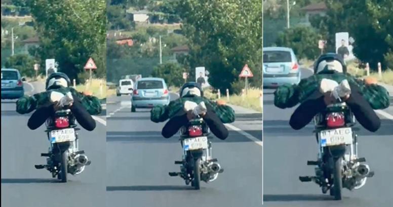 D-650 karayolunda motosikletini üzerine yatarak sürdü, o anlar kamerada