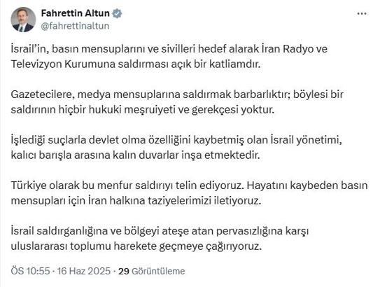 Fahrettin Altun: İsrail'in İran Radyo ve Televizyon Kurumu'na saldırısı açık bir katliamdır